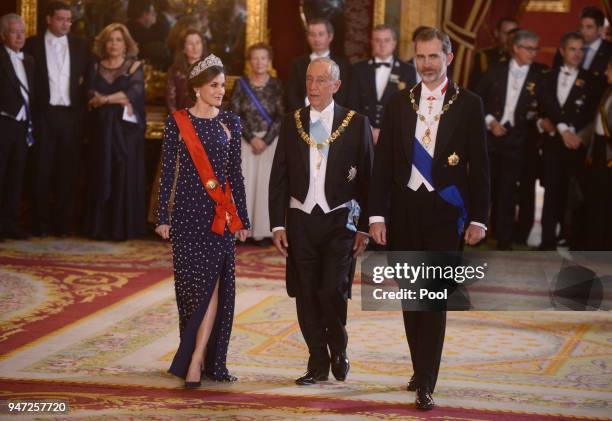 Queen Letizia of Spain, President of Portugal Marcelo Rebelo de Sousa and King Felipe VI of Spain attend a dinner gala for the President of Portugal...