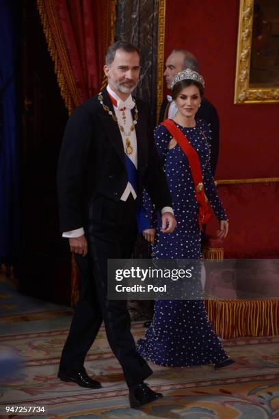 King Felipe VI of Spain and Queen Letizia of Spain host a dinner gala for the President of Portugal Marcelo Rebelo de Sousa at the Royal Palace on...