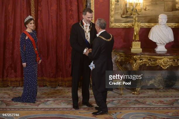 King Felipe VI of Spain and Queen Letizia of Spain host a dinner gala for the President of Portugal Marcelo Rebelo de Sousa at the Royal Palace on...