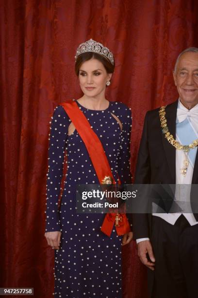 Queen Letizia of Spain hosts a dinner gala for the President of Portugal Marcelo Rebelo de Sousa at the Royal Palace on April 16, 2018 in Madrid,...