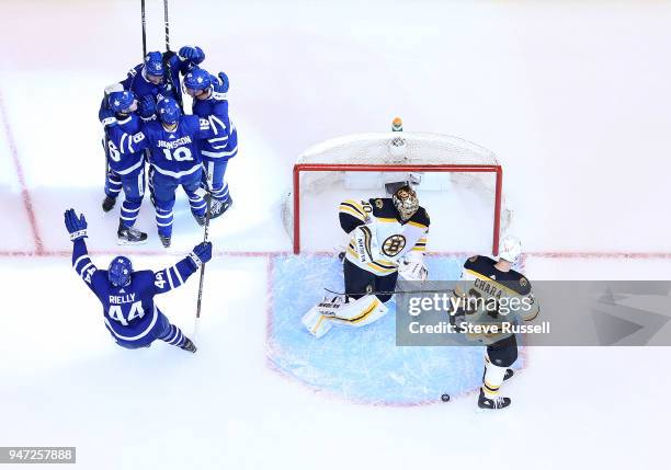 The Leafs celebrate Toronto Maple Leafs left wing James van Riemsdyk's first period goal as the Toronto Maple Leafs beat the Boston Bruins 4-2 in...