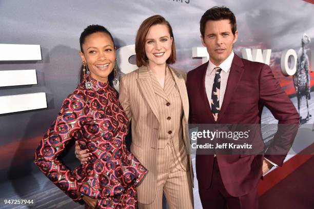 Thandie Newton, Evan Rachel Wood, and James Marsden attends the Los Angeles Season 2 premiere of the HBO Drama Series WESTWORLD at The Cinerama Dome...