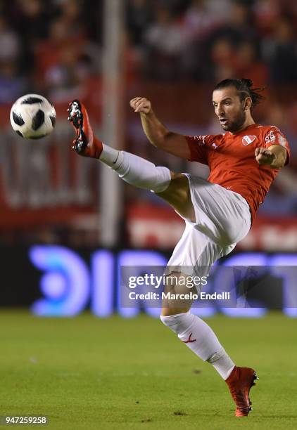 Gaston Silva of Independiente kicks the ball during a match between Independiente and Boca Juniors as part of Superliga 2017/18 on April 15, 2018 in...