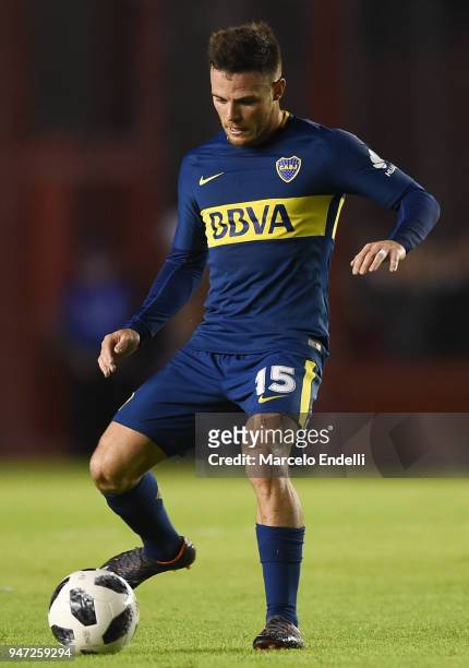 Nahitan Nandez of Boca Juniors kicks the ball during a match between Independiente and Boca Juniors as part of Superliga 2017/18 on April 15, 2018 in...