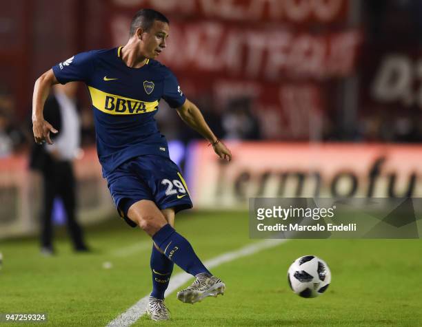 Leonardo Jara of Boca Juniors kicks the ball during a match between Independiente and Boca Juniors as part of Superliga 2017/18 on April 15, 2018 in...