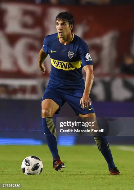 Santiago Vergini of Boca Juniors drives the ball during a match between Independiente and Boca Juniors as part of Superliga 2017/18 on April 15, 2018...