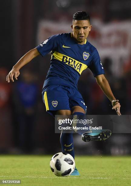 Emanuel Reynoso of Boca Juniors kicks the ball during a match between Independiente and Boca Juniors as part of Superliga 2017/18 on April 15, 2018...