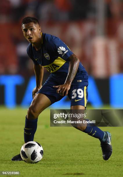 Agustin Almendra of Boca Juniors drives the ball during a match between Independiente and Boca Juniors as part of Superliga 2017/18 on April 15, 2018...