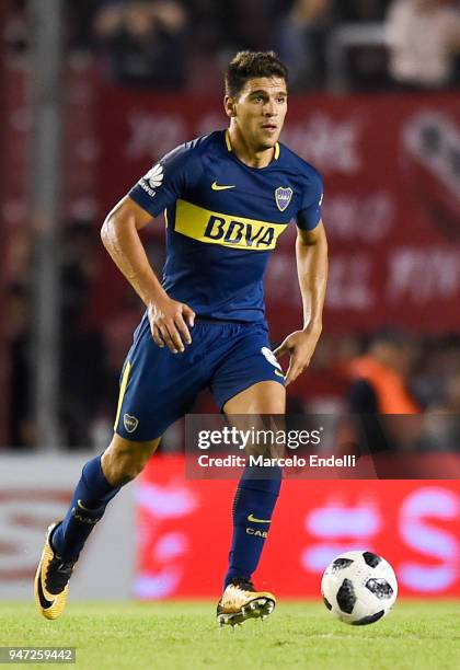 Lisandro Magallan of Boca Juniors drives the ball during a match between Independiente and Boca Juniors as part of Superliga 2017/18 on April 15,...