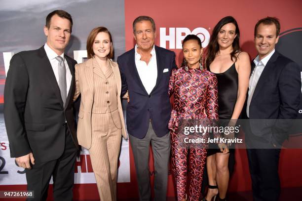 Jonathan Nolan, Evan Rachel Wood, President of HBO Richard Plepler, Thandie Newton, Lisa Joy and Casey Bloys attend the Los Angeles Season 2 premiere...