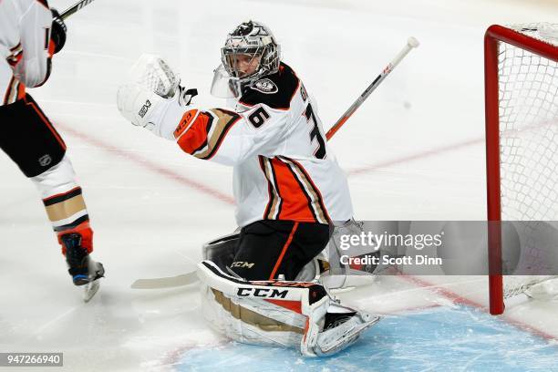 John Gibson of the Anaheim Ducks looks in Game Three of the Western Conference First Round against the San Jose Sharks during the 2018 NHL Stanley...