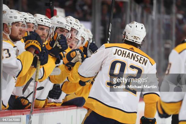 Ryan Johansen of the Nashville Predators celebrates with his bench after scoring a goal against the Colorado Avalanche in Game Three of the Western...
