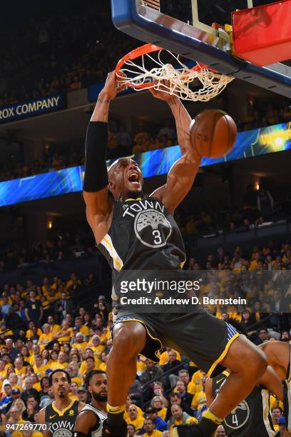 David West of the Golden State Warriors dunks the ball against the San Antonio Spurs in Game Two of Round One of the 2018 NBA Playoffs on April 16,...