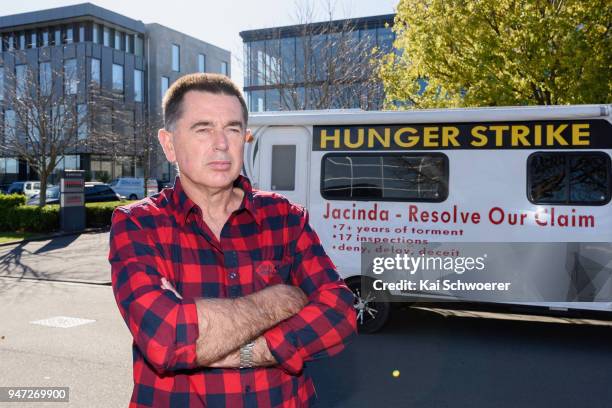 Peter Glasson stands outside the Southern Response office on April 17, 2018 in Christchurch, New Zealand. Glasson started his hunger strike to...