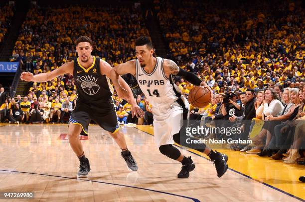 Danny Green of the San Antonio Spurs handles the ball against the Golden State Warriors in Game Two of Round One of the 2018 NBA Playoffs on April...