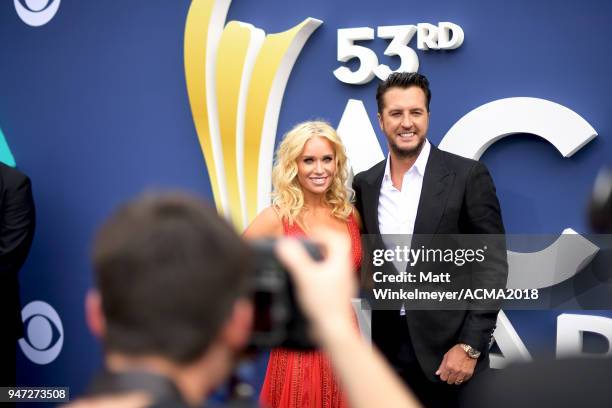 Caroline Bryan and Luke Bryan attend the 53rd Academy of Country Music Awards t on April 15, 2018 in Las Vegas, Nevada.