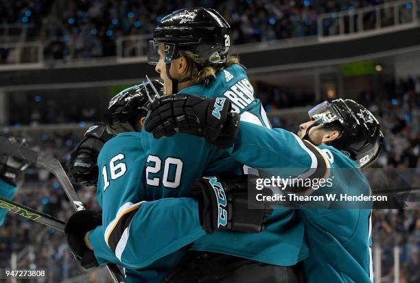 Marcus Sorensen, Eric Fehr and Melker Karlsson of the San Jose Sharks celebrates after Sorensen scored a goal against the Anaheim Ducks during the...