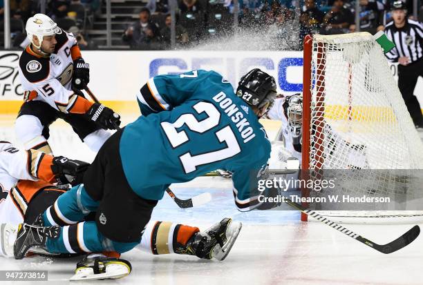 Joonas Donskoi of the San Jose Sharks shoots and scores getting his shot past goalie John Gibson of the Anaheim Ducks during the second period in...