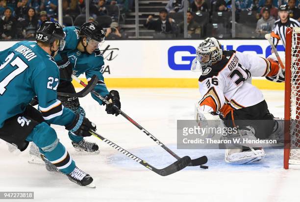 Marcus Sorensen of the San Jose Sharks with an assist from Joonas Donskoi shoots and scores getting his shot past goalie John Gibson of the Anaheim...