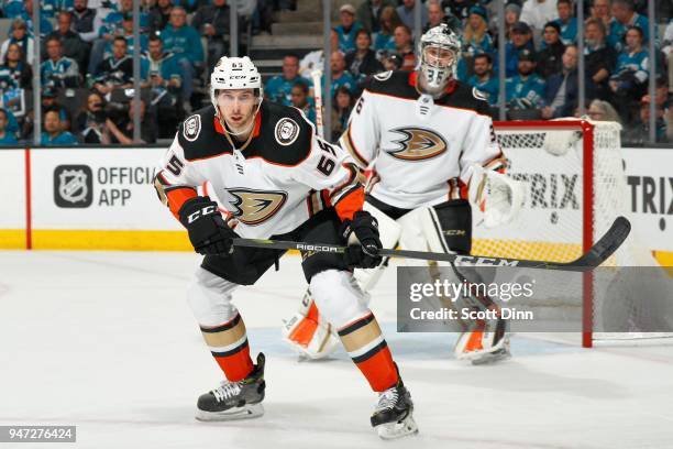 Marcus Pettersson and John Gibson of the Anaheim Ducks look in Game Three of the Western Conference First Round against the San Jose Sharks during...