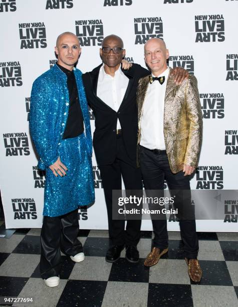 Gala Co-Chair Slobodan Randjelovic, Bill T. Jones, and Gala Co-Chair Jon Stryker attend the 2018 New York Live Arts Gala at Irving Plaza on April 16,...