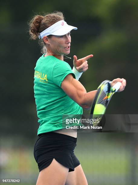 Samantha Stosur of Australia practices after a media opportunity ahead of the Australia v Netherlands Fed Cup World Group Play-off at Wollongong...