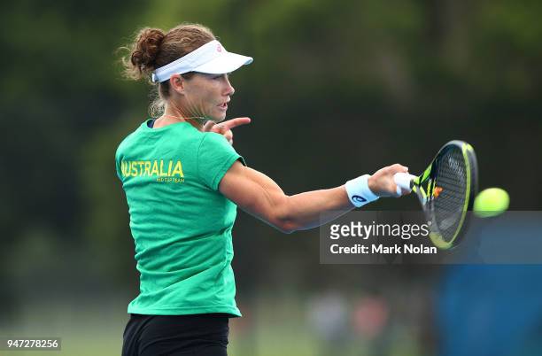 Samantha Stosur of Australia practices after a media opportunity ahead of the Australia v Netherlands Fed Cup World Group Play-off at Wollongong...