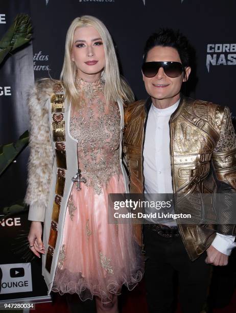 Actor Corey Feldman and model Courtney Anne Mitchell attend the "Corbin Nash" premiere screening at The Montalban on April 16, 2018 in Hollywood,...