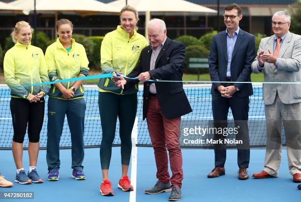 Australian Fed Cup captain Alicica Molik cuts a ribbon with Wollongong Lord Mayor Gordon Brabery during a media opportunity ahead of the Australia v...