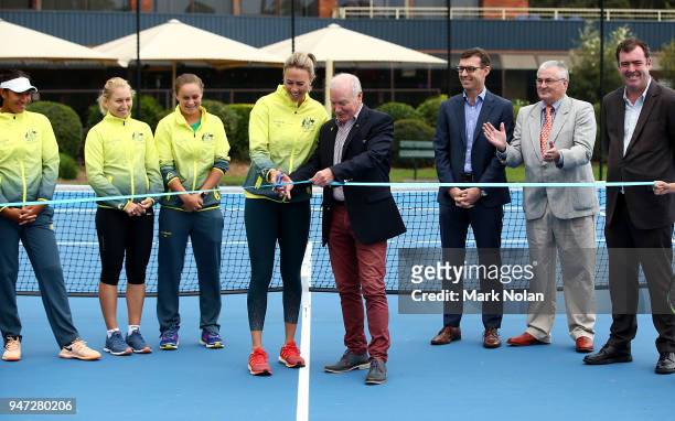 Australian Fed Cup captain Alicica Molik cuts a ribbon with Wollongong Lord Mayor Gordon Brabery during a media opportunity ahead of the Australia v...