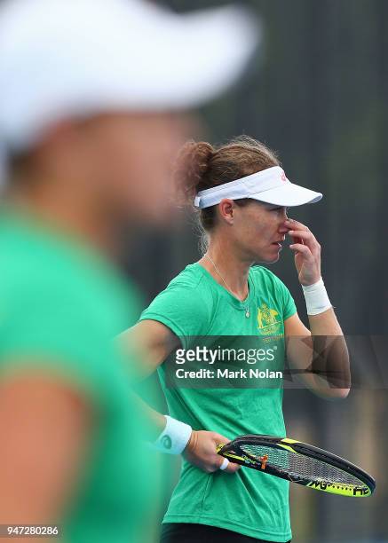 Samantha Stosur of Australia watches on at practice after a media opportunity ahead of the Australia v Netherlands Fed Cup World Group Play-off at...