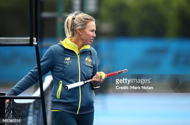 Alicia Molik of Australia watches on at practice after a media opportunity ahead of the Australia v Netherlands Fed Cup World Group Play-off at...