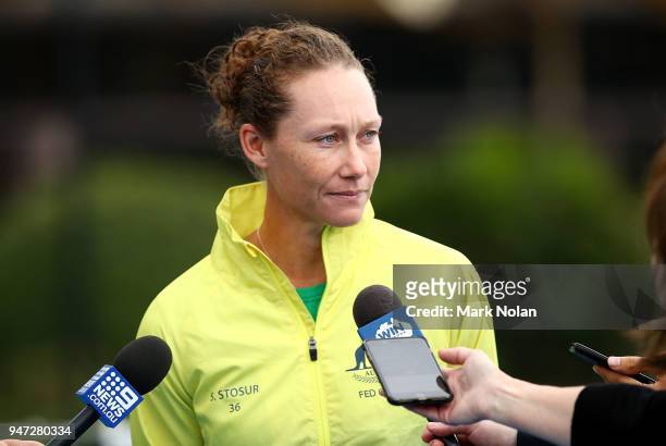 Samantha Stosur of Australia talks to the media during a media opportunity ahead of the Australia v Netherlands Fed Cup World Group Play-off at...