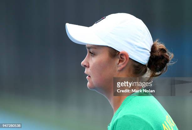Ashleigh Barty of Australia practices after a media opportunity ahead of the Australia v Netherlands Fed Cup World Group Play-off at Wollongong...
