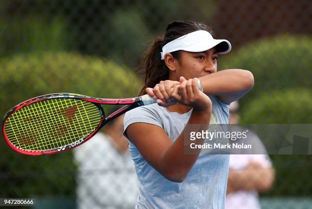 Destanee Aiava of Australia practices after a media opportunity ahead of the Australia v Netherlands Fed Cup World Group Play-off at Wollongong...
