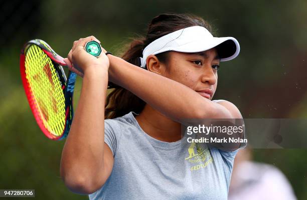 Destanee Aiava of Australia practices after a media opportunity ahead of the Australia v Netherlands Fed Cup World Group Play-off at Wollongong...