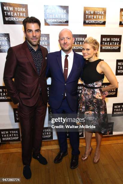 Zachary Quinto, John Tiffany and Celia Keenan-Bolger attend the 2018 New York Theatre Workshop Gala at the The Altman Building on April 16, 2018 in...