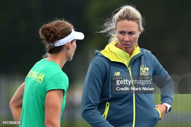 Samantha Stosur and Alicia Molik chat during a media opportunity ahead of the Australia v Netherlands Fed Cup World Group Play-off at Wollongong...
