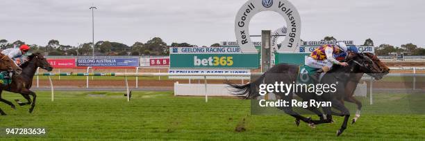 Zuers ridden by Jordan Childs wins the Geelong Homes F&M Maiden Plate at Geelong Racecourse on April 17, 2018 in Geelong, Australia.