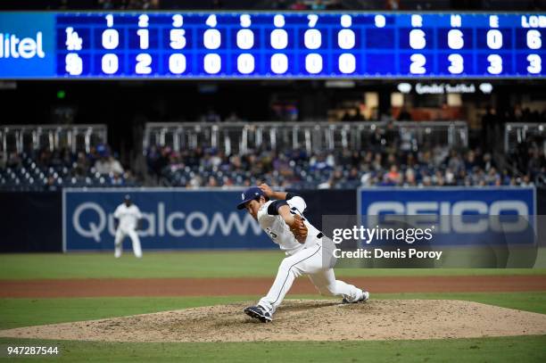 Kazuhisa Makita of the San Diego Padres pitches during the ninth inning of a baseball game against the Los Angeles Dodgers at PETCO Park on April 16,...