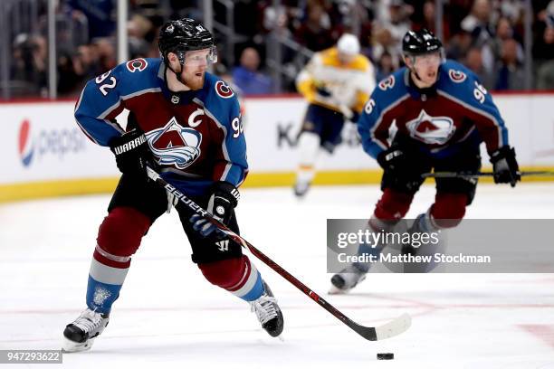 Gabriel Landeskog of the Colorado Rockies brings the puck down the ice against the Nashville Predators in Game Three of the Western Conference First...