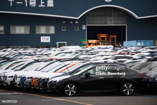 Subaru Corp. Vehicles bound for shipment stand at a port in Yokohama, Japan, on Monday, April 16, 2018. Japan and China held their first...