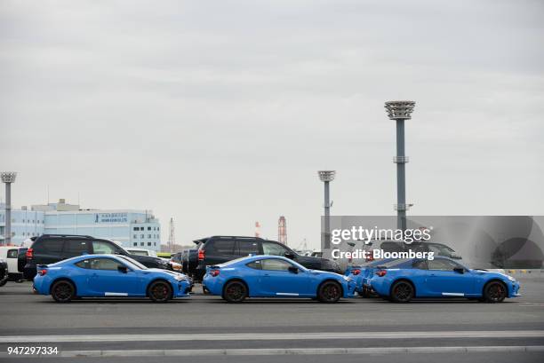 Subaru Corp. Vehicles bound for shipment stand at a port in Yokohama, Japan, on Monday, April 16, 2018. Japan and China held their first...