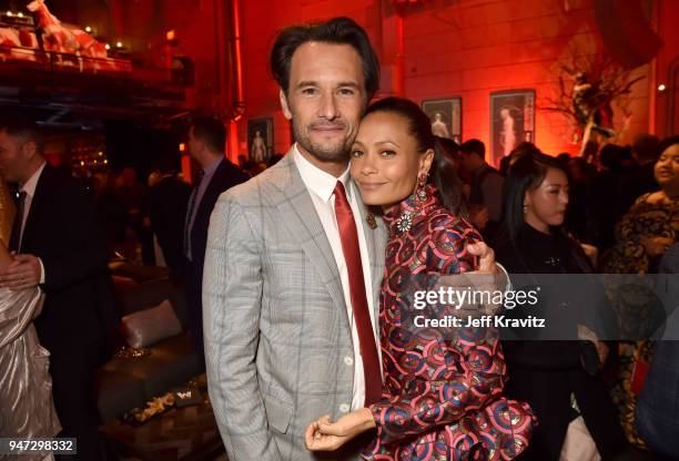 Rodrigo Santoro and Thandie Newton attend the Los Angeles Season 2 premiere of the HBO Drama Series WESTWORLD at The Cinerama Dome on April 16, 2018...