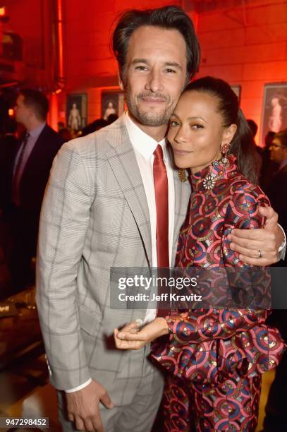 Rodrigo Santoro and Thandie Newton attend the Los Angeles Season 2 premiere of the HBO Drama Series WESTWORLD at The Cinerama Dome on April 16, 2018...