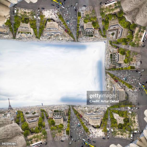 creative picture bending the landscape of paris cityscape  from viewpoint with eiffel tower. - arc de triomphe overview stock pictures, royalty-free photos & images