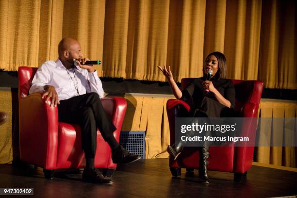 Director Romany Malco and Regina Hall on stage during the 42nd Annual Atlanta Film Festival "Prison Logic" screening at Plaza Theater on April 16,...