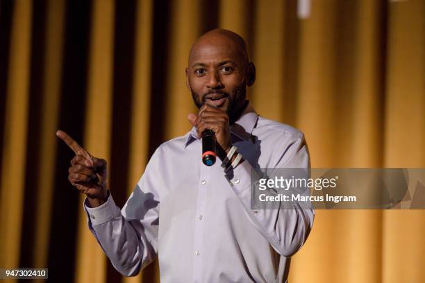 Director/Actor Romany Malco speaks on stage during the 42nd Annual Atlanta Film Festival "Prison Logic" screening at Plaza Theater on April 16, 2018...