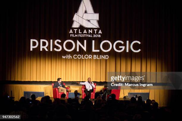 Cameron McAllister, Romany Malco and Regina Hall on stage during the 42nd Annual Atlanta Film Festival "Prison Logic" screening at Plaza Theater on...