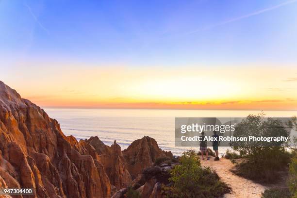 two boys looking out at the sunset over the sea - alex boys stockfoto's en -beelden